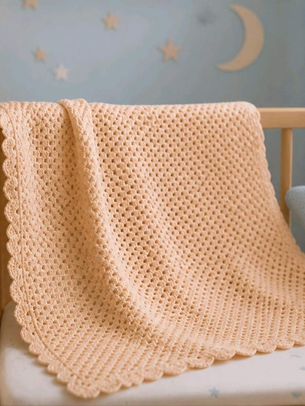 Vintage Peach Handmade Crochet Baby Blanket Afghan – 39" x 39" Scalloped Edge